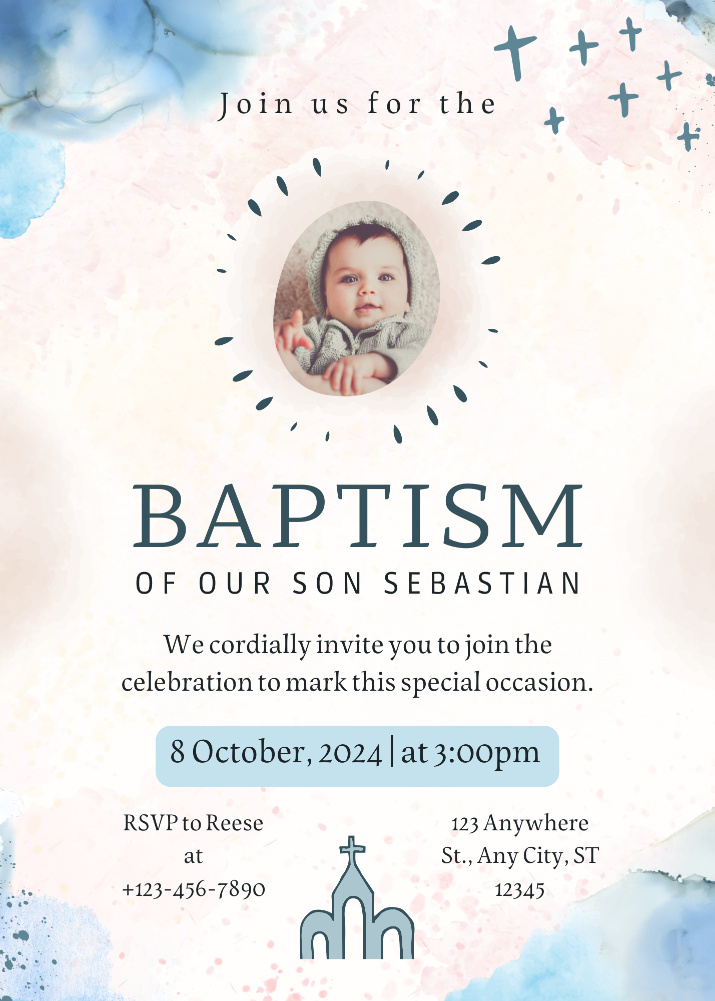 Canva Blue Baby Watercolor Baptism Invitation