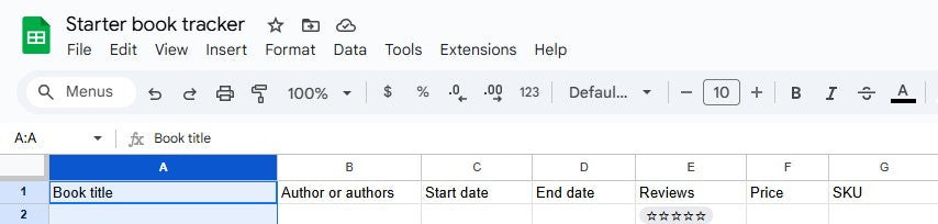 Google Sheets starter book tracker spreadsheet